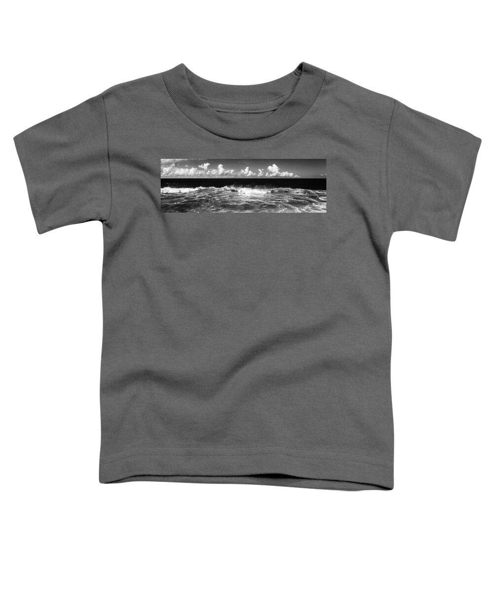 Panorama Toddler T-Shirt featuring the photograph Waves crashing in black and white by Sonny Ryse