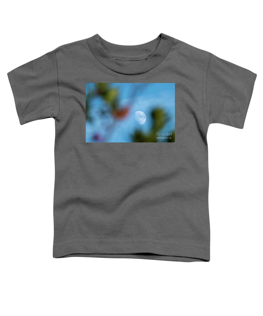 Nature Toddler T-Shirt featuring the photograph Waxing Gibous Moon Between Trees Blue Sky Costa Ballena Cadiz by Pablo Avanzini