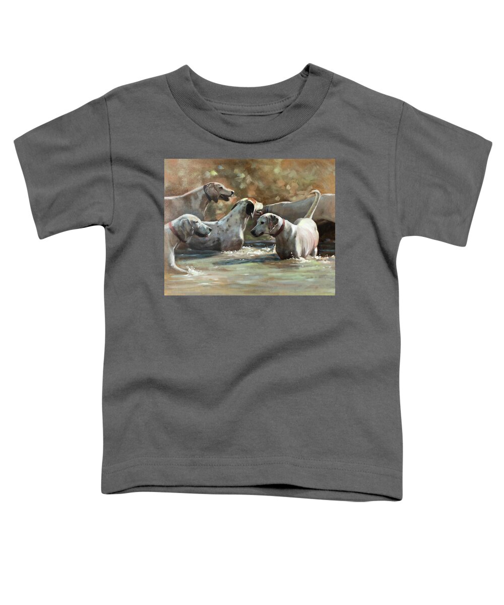 Hounds Dogs Dog Foxhunt Foxhounds Hunt Water Wading Playing Contemporary Art Painting Realism Toddler T-Shirt featuring the painting Well Hello by Susan Bradbury