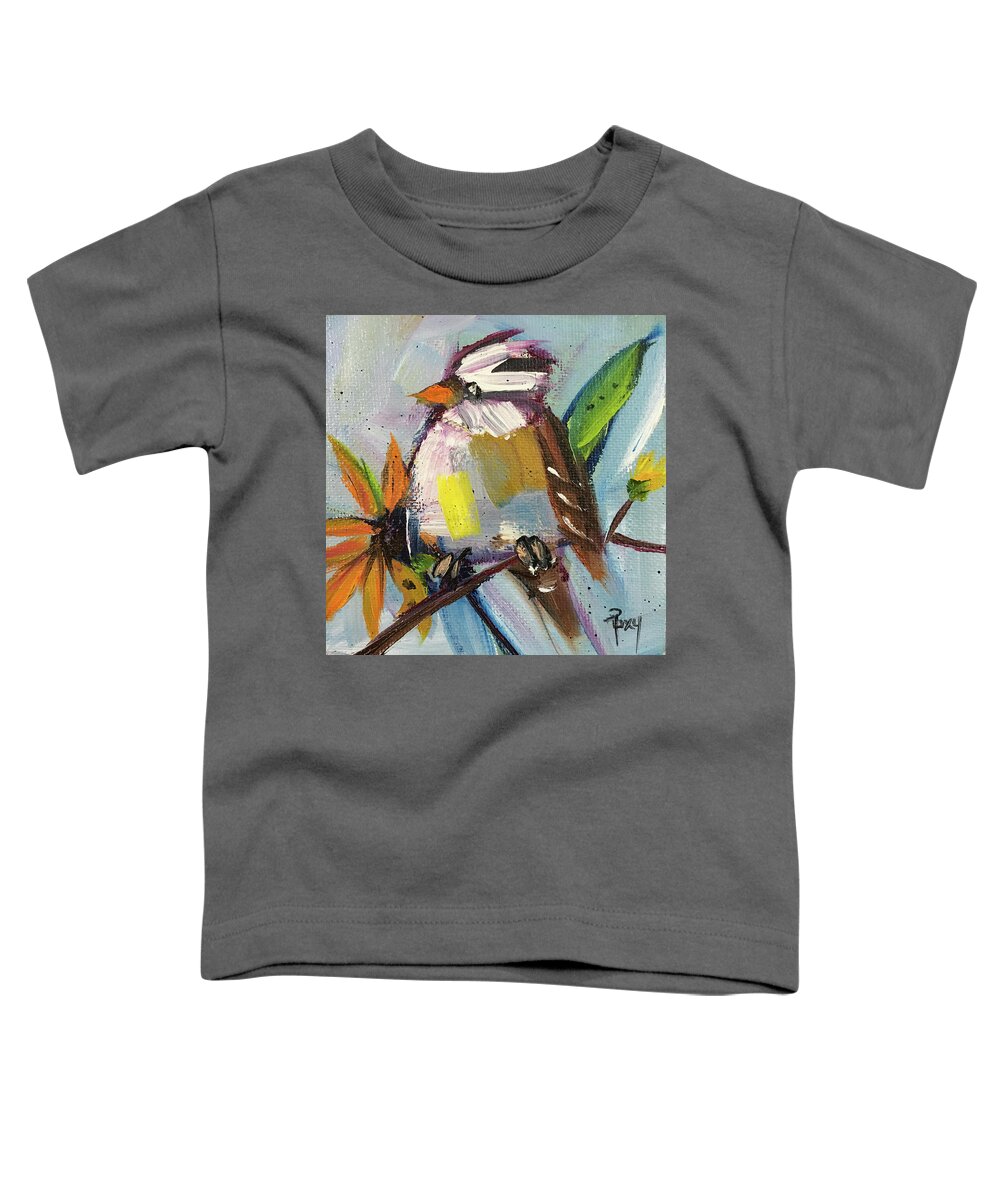 Sparrow Toddler T-Shirt featuring the painting White Crowned Sparrow on a Sunflower by Roxy Rich