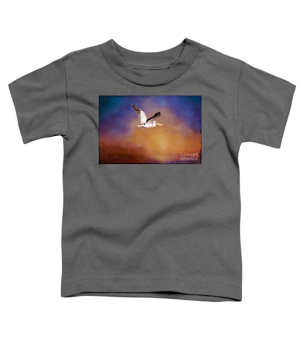  White Pelican Toddler T-Shirt featuring the digital art White Pelican at Sunset by Judi Bagwell