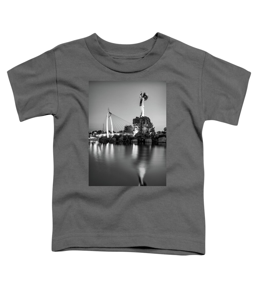 Wichita Kansas Toddler T-Shirt featuring the photograph Wichita Kansas Keeper Of The Plains On The Arkansas River - Black and White by Gregory Ballos