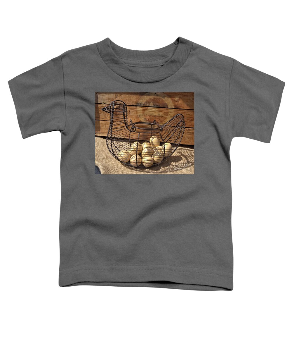 Wire Toddler T-Shirt featuring the photograph Wire Chicken Faux Eggs by Kae Cheatham