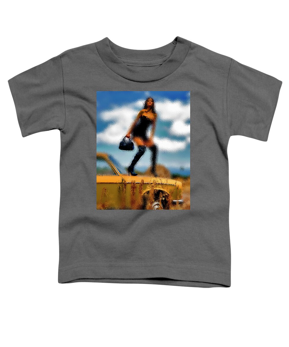 Abandoned Toddler T-Shirt featuring the photograph Woman on abandoned car by Al Fio Bonina