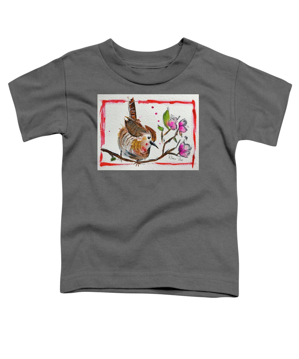 Wren Bird Toddler T-Shirt featuring the painting Wren in a Cherry Blossom Tree by Roxy Rich