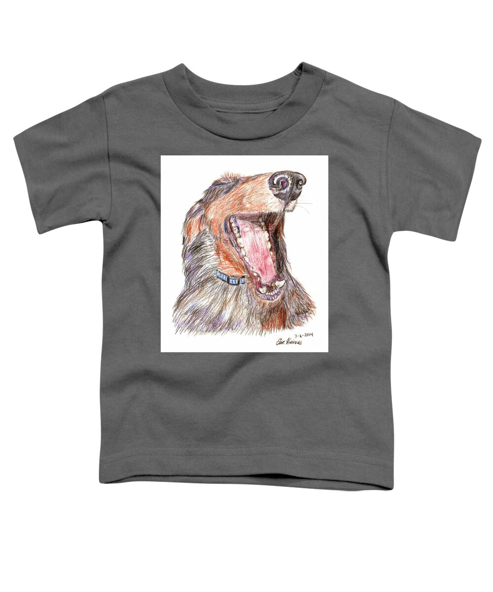 Yawning Toddler T-Shirt featuring the drawing Yawning Wiener Dog by Eric Haines