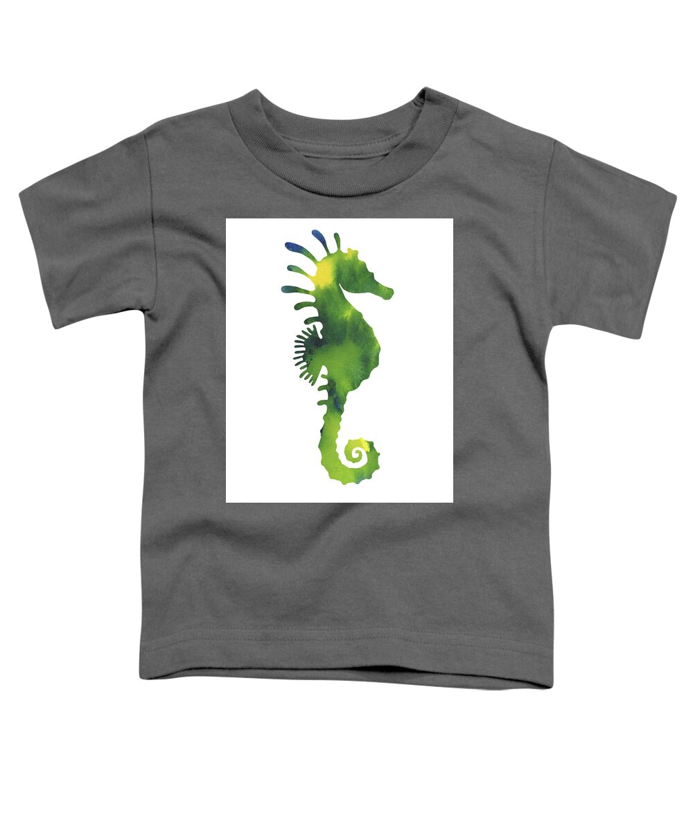 Green Toddler T-Shirt featuring the painting Yellow And Green Seahorse Watercolor Silhouette by Irina Sztukowski
