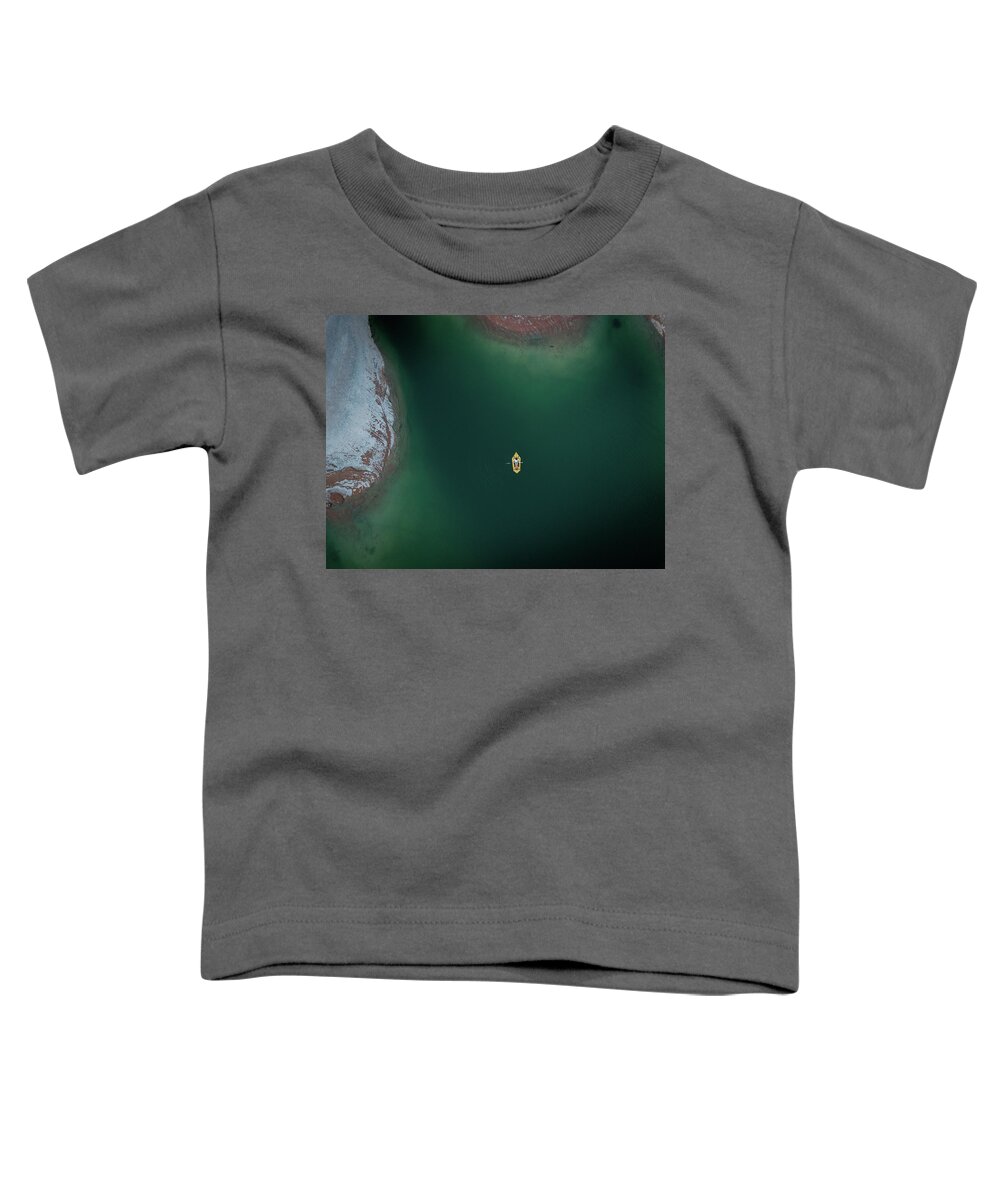 Blue Toddler T-Shirt featuring the photograph Yellow Boat, green water, red rock by Ryan Lima