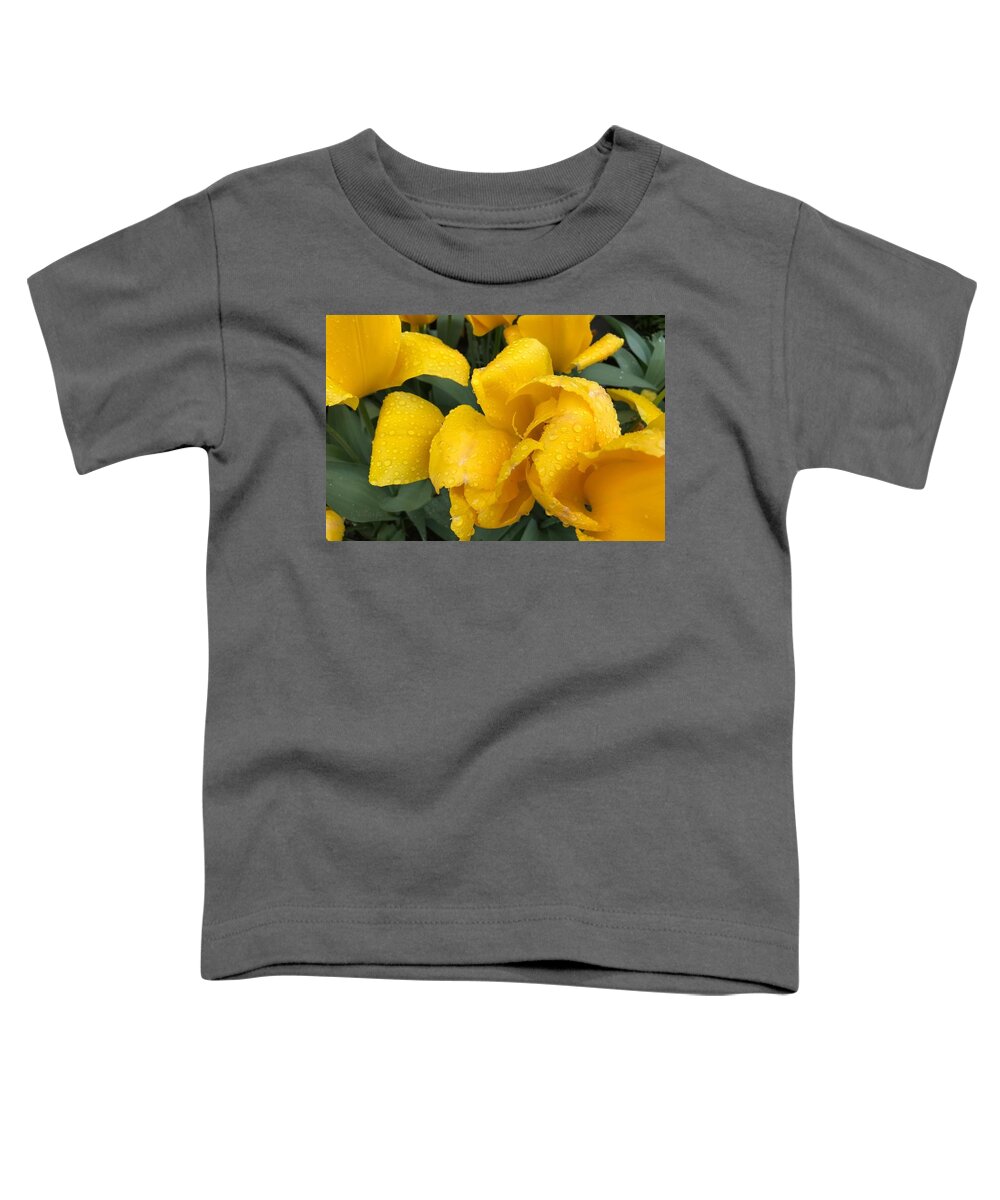 Dew Toddler T-Shirt featuring the photograph Yellow Drops by Mona Remedios Stickley
