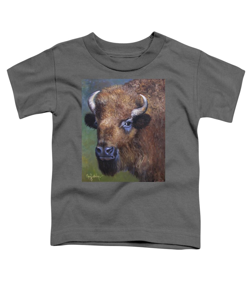 Bison Toddler T-Shirt featuring the painting Young Bison From Stratford Oklahoma an Original Artwork by Cheri Wollenberg by Cheri Wollenberg