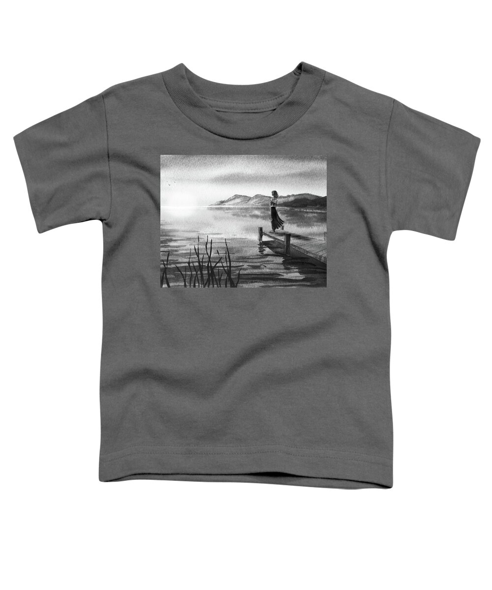 Gray Toddler T-Shirt featuring the painting Young Woman At The Pier Watching Lake Sunset Watercolor In Gray by Irina Sztukowski