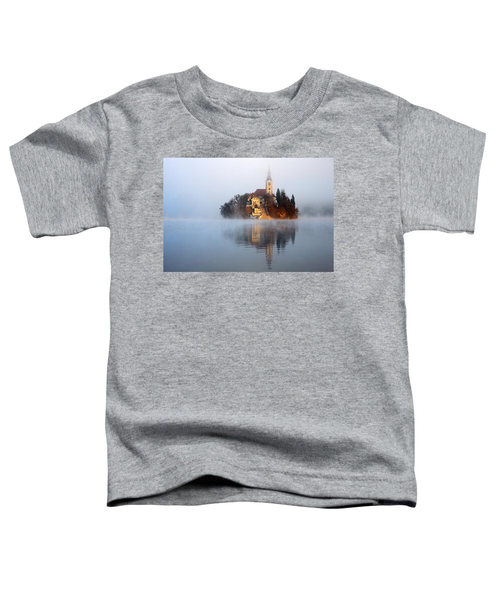 Bled Toddler T-Shirt featuring the photograph Through the mist #1 by Ian Middleton