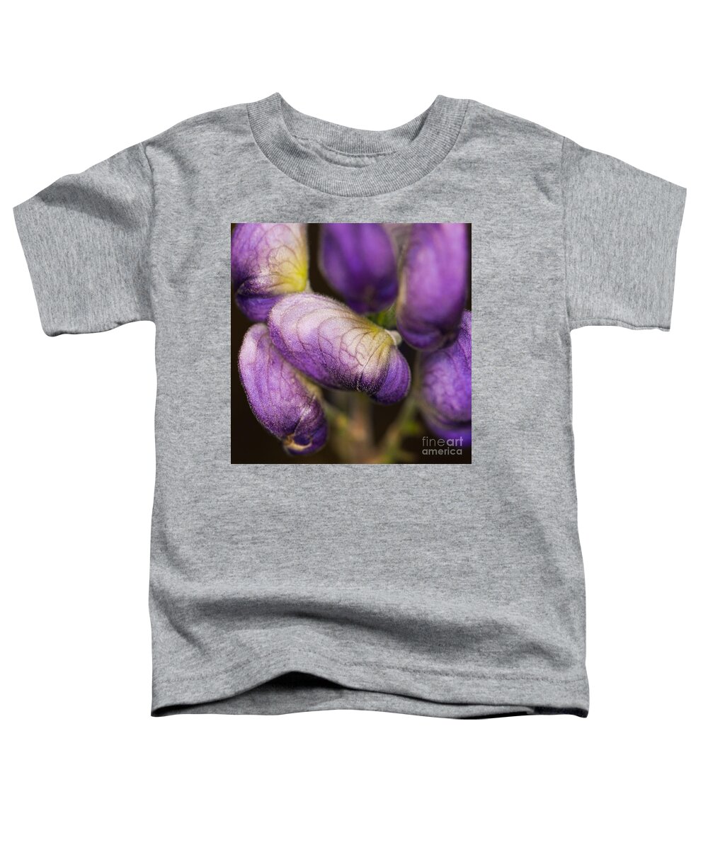 Flower Toddler T-Shirt featuring the photograph Purple Wolf's bane flower buds closeup by Nick Biemans