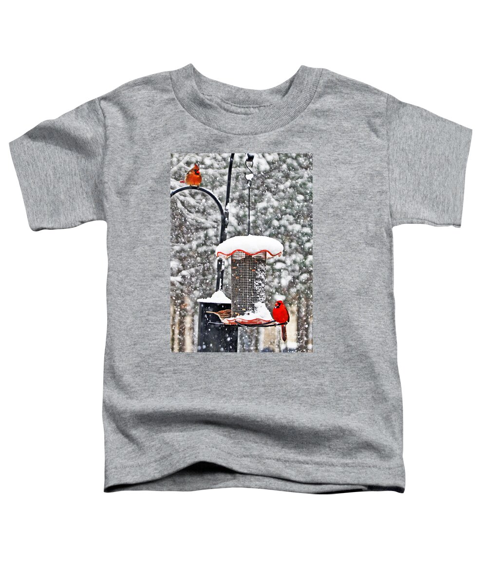 A Cardinal Winter Toddler T-Shirt featuring the photograph A Cardinal Winter by Lydia Holly