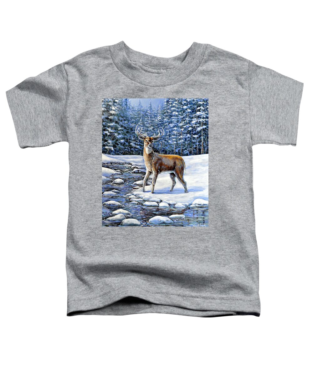 Nature Animal Deer Landscape Forest Winter Snow Pine Stream Blue Green Toddler T-Shirt featuring the painting A Cold Drink by Gail Butler