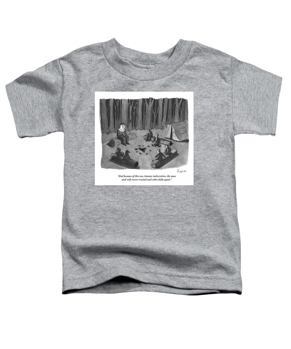 Fights- Marital Toddler T-Shirt featuring the drawing A Man Tells A Scary Story To Campers by Zachary Kanin