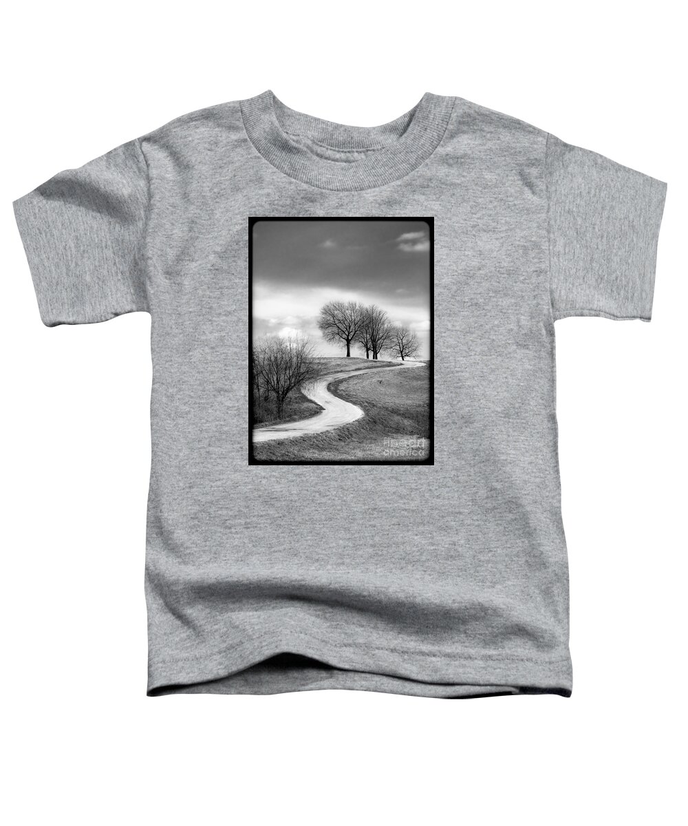 Winding Country Road Toddler T-Shirt featuring the photograph A Winding Country Road in Black and White by Imagery by Charly