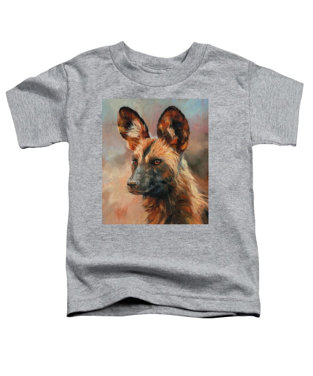 Dog Toddler T-Shirt featuring the painting African Wild Dog by David Stribbling