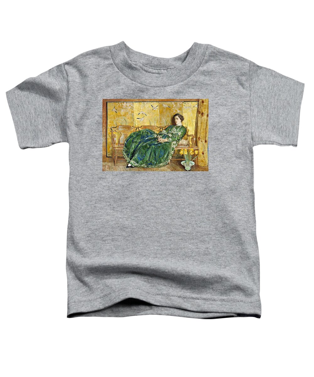 Childe Hassam Toddler T-Shirt featuring the painting April. The Green Gown  by Childe Hassam
