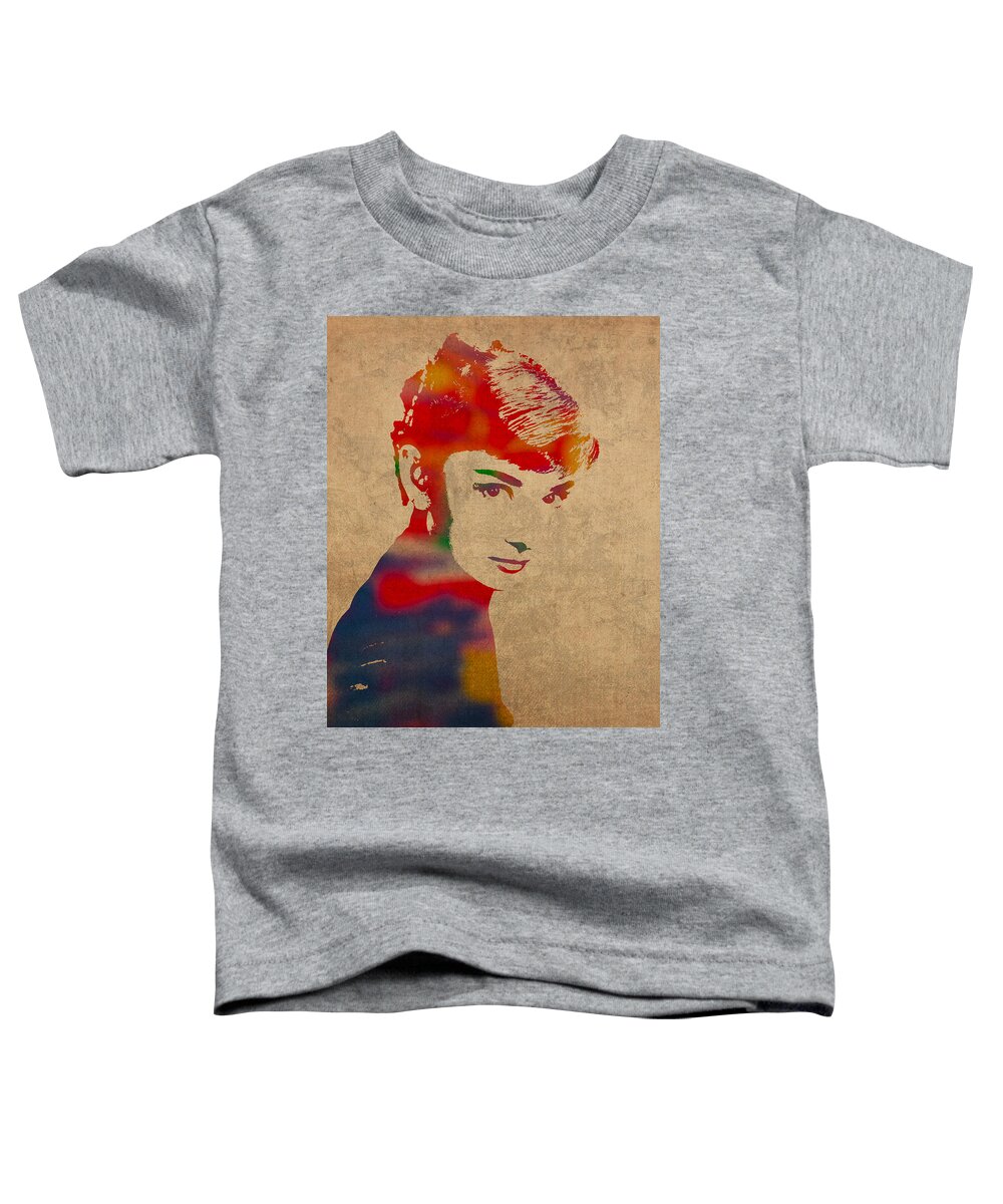 Audrey Hepburn Actress Watercolor Portrait On Worn Distressed Canvas Toddler T-Shirt featuring the mixed media Audrey Hepburn Watercolor Portrait on Worn Distressed Canvas by Design Turnpike