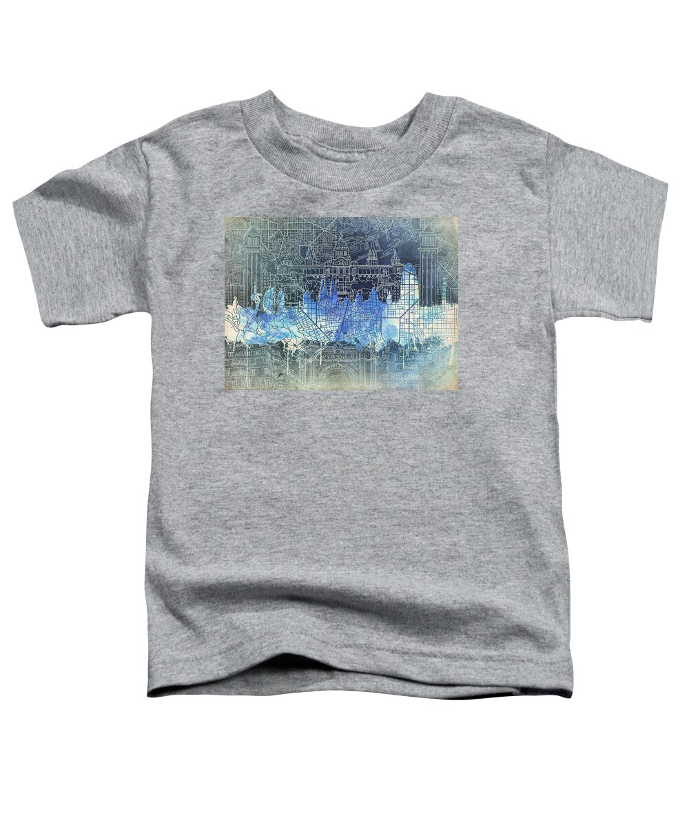 Barcelona Toddler T-Shirt featuring the painting Barcelona Skyline Vintage by Bekim M