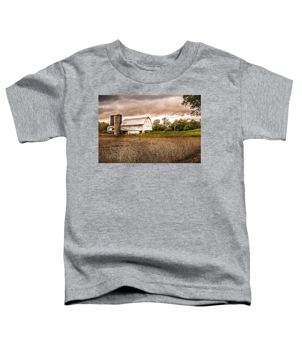 Barn Toddler T-Shirt featuring the photograph Barn Silos Storm Clouds by Ron Pate