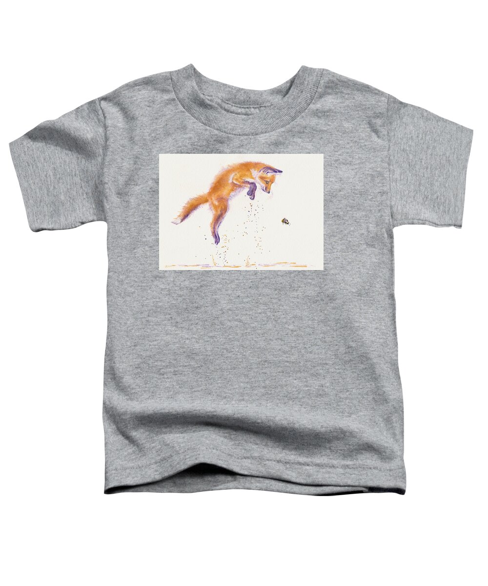 Foxes Toddler T-Shirt featuring the painting Bee Naive - Leaping Fox Cub by Debra Hall