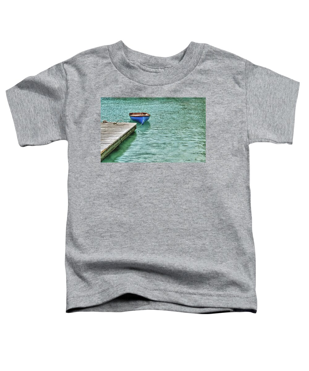 Blue Toddler T-Shirt featuring the digital art Blue Boat Off Dock by Michael Thomas
