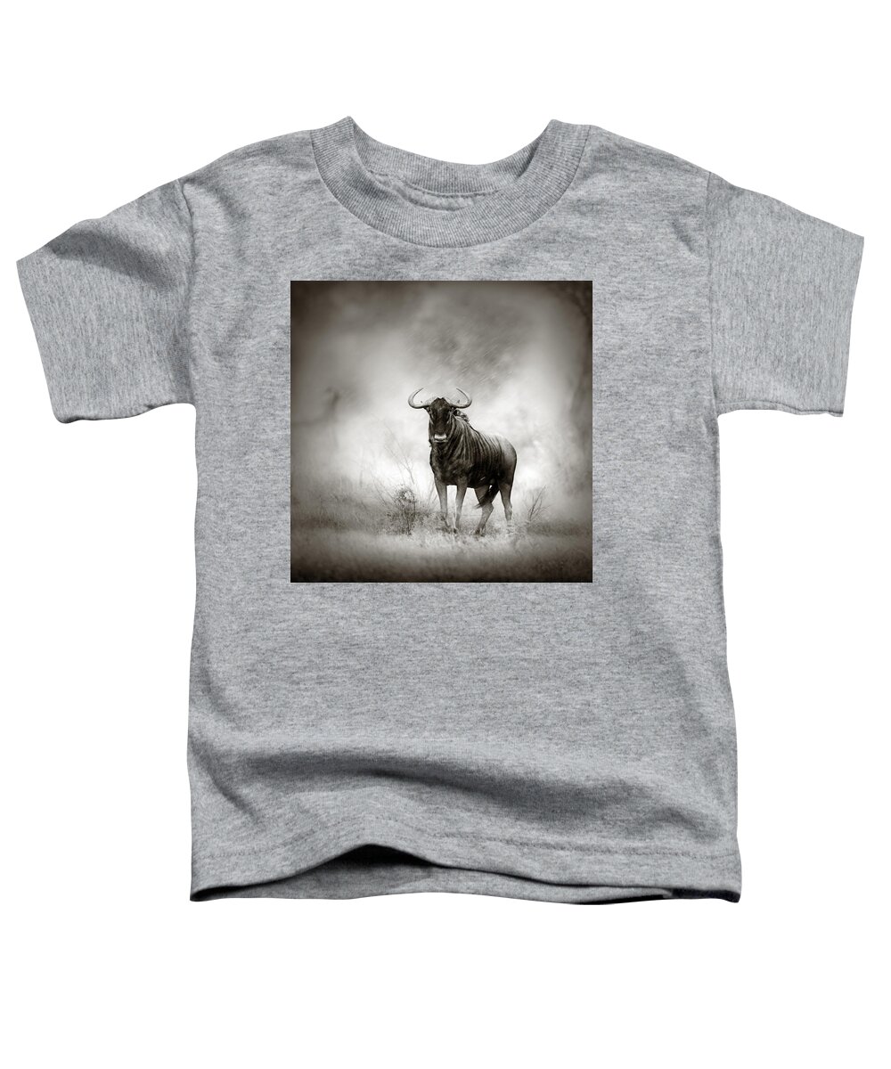 Blue Toddler T-Shirt featuring the photograph Blue Wildebeest in rainstorm by Johan Swanepoel