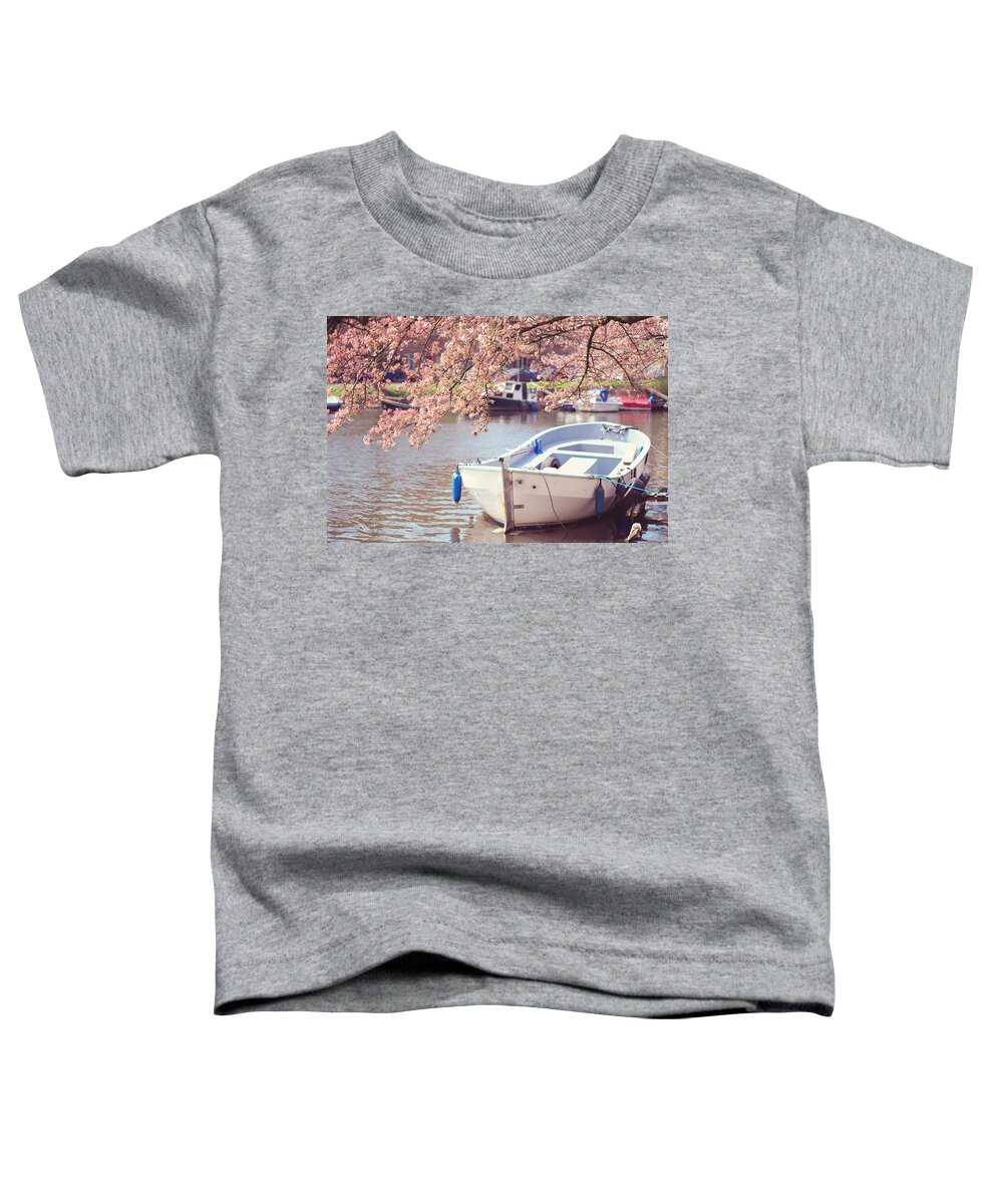 Spring Toddler T-Shirt featuring the photograph Boat Under Blooming Cherry Tree. Pink Spring in Amsterdam. by Jenny Rainbow