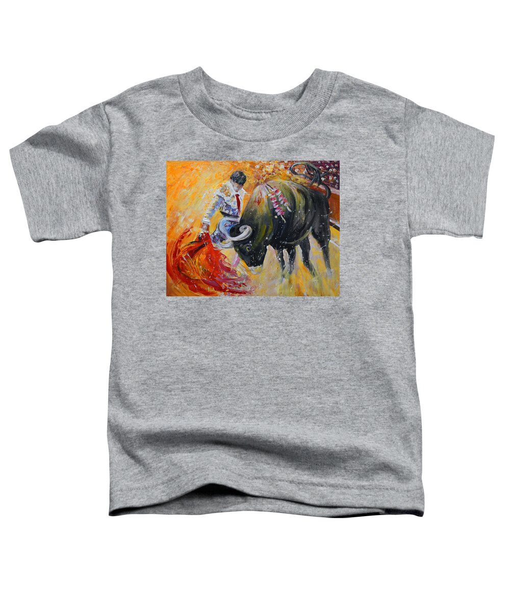 Animals Toddler T-Shirt featuring the painting Bullfighting in Neon Light 02 by Miki De Goodaboom