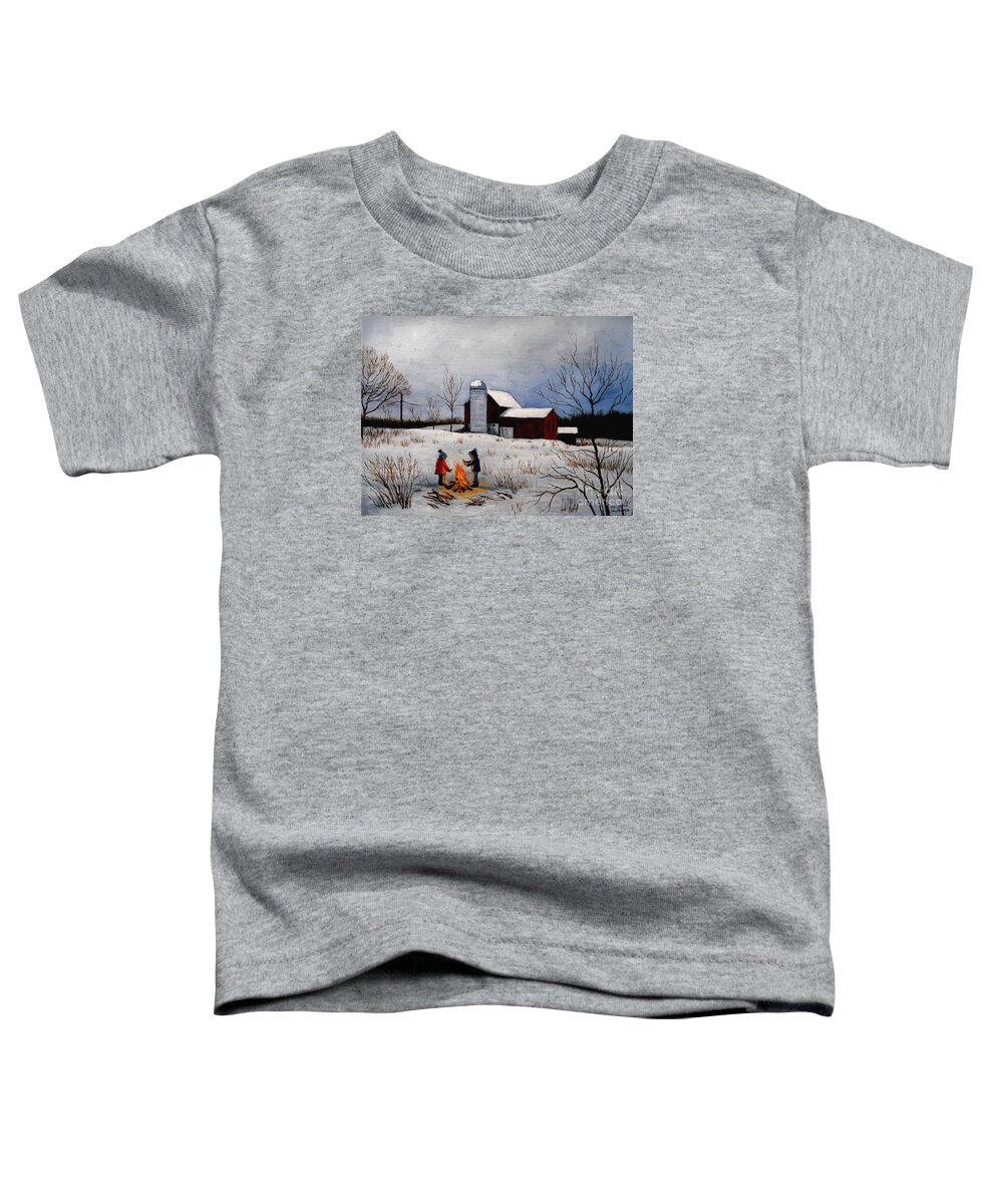 Farm Toddler T-Shirt featuring the painting Children warming up by the fire by Christopher Shellhammer