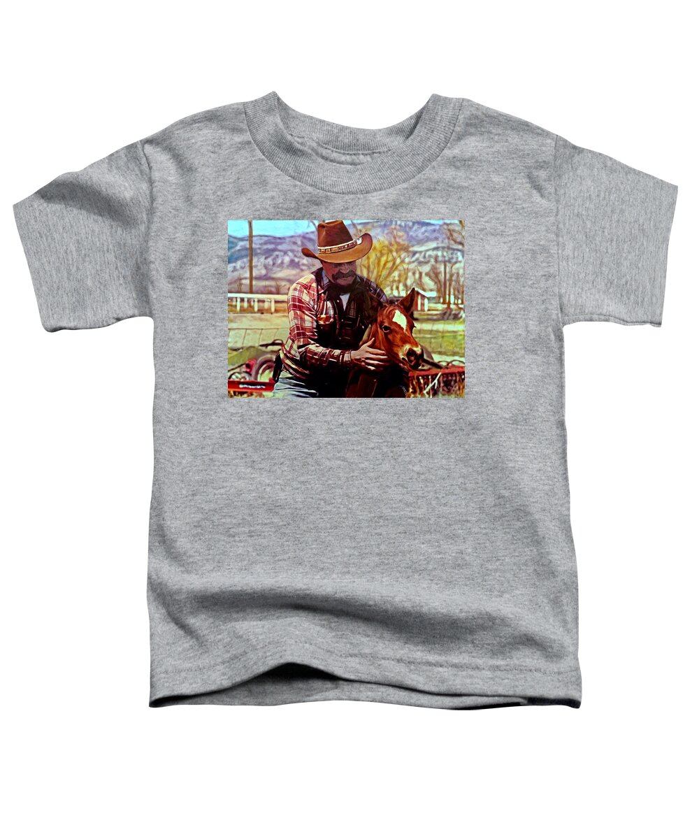 Cowboy Toddler T-Shirt featuring the painting Dad and Horse by Michael Pickett