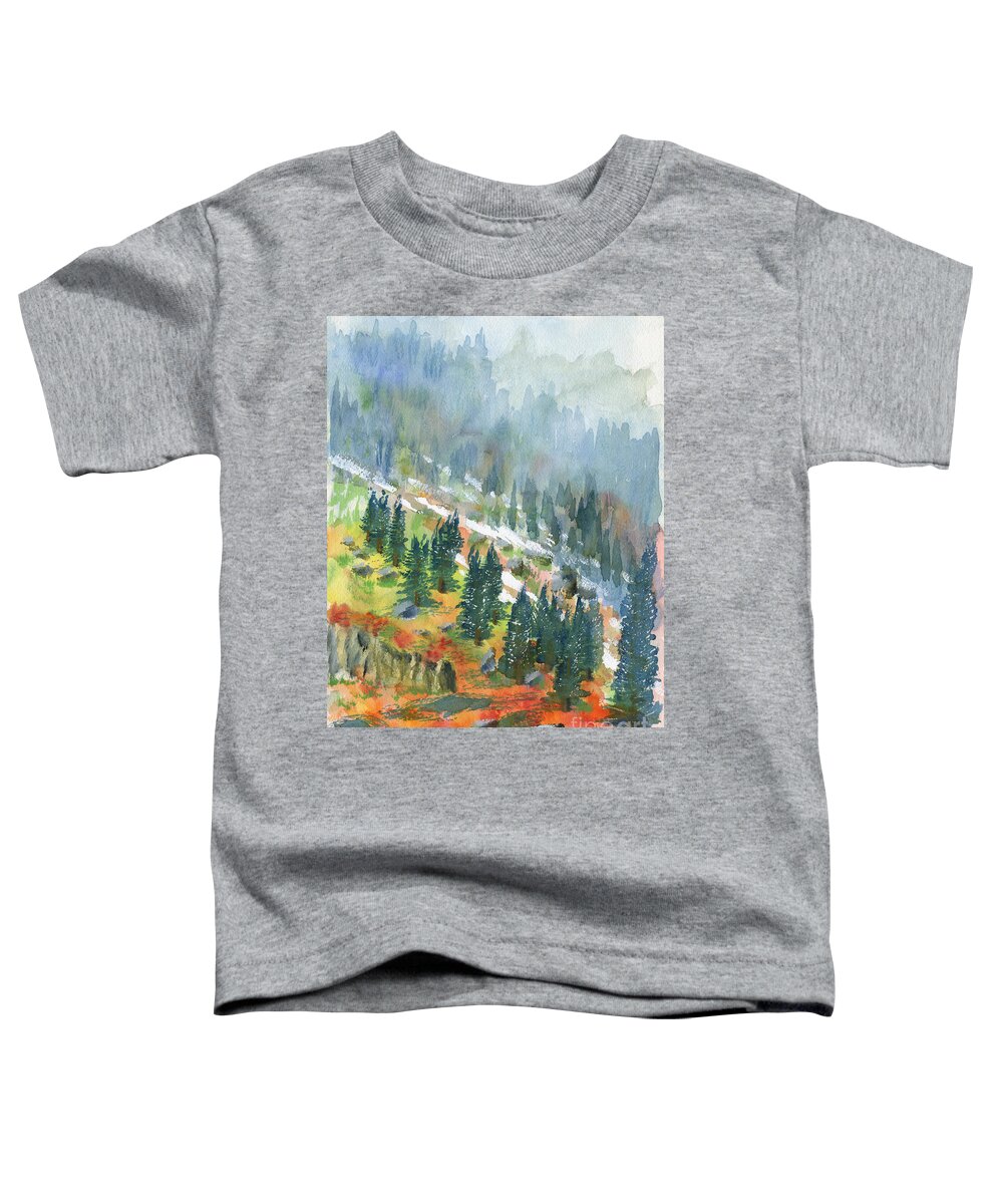 Mountains Toddler T-Shirt featuring the painting First Snow by Walt Brodis