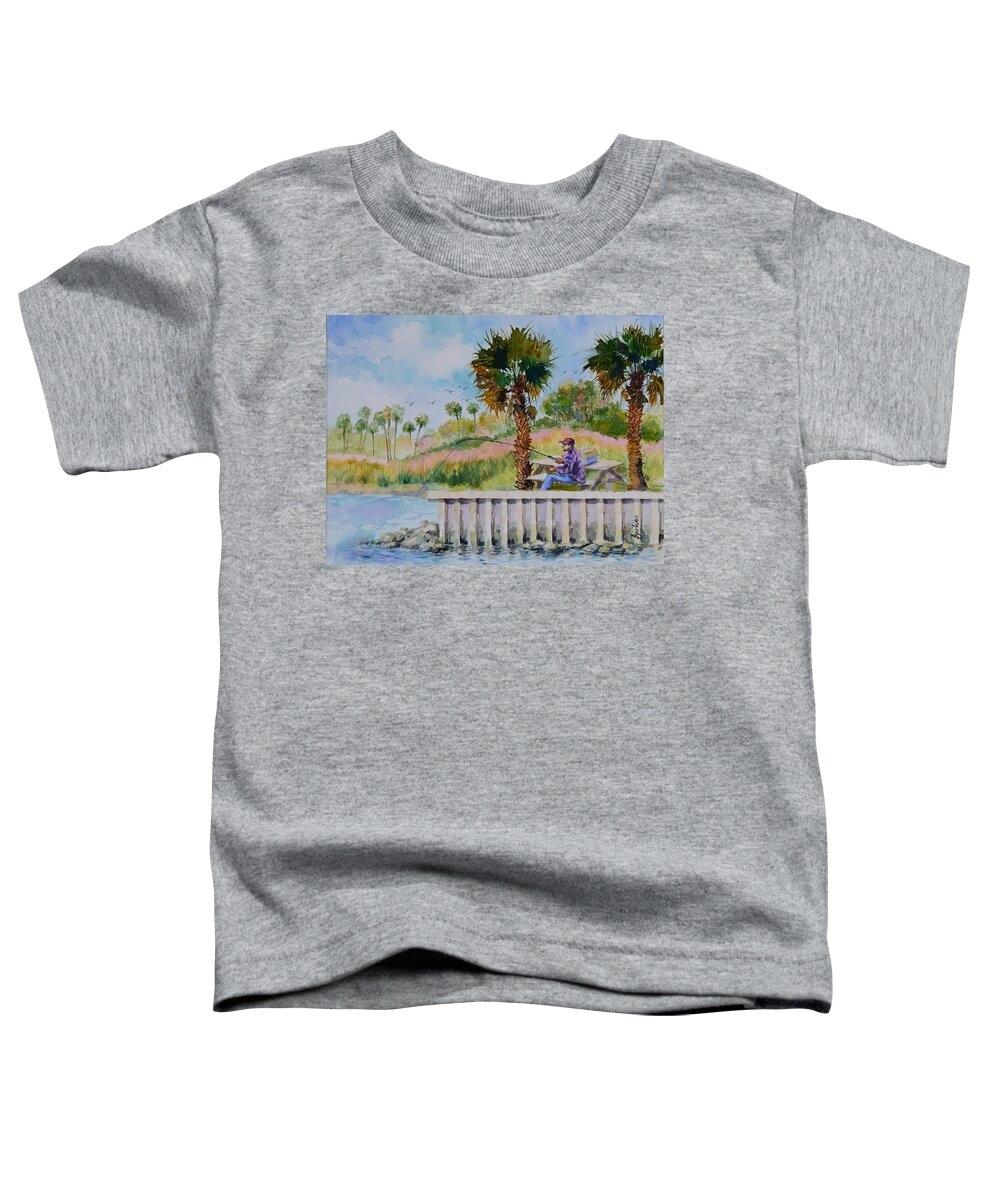 River Toddler T-Shirt featuring the painting Fishing on the Peir by Jyotika Shroff
