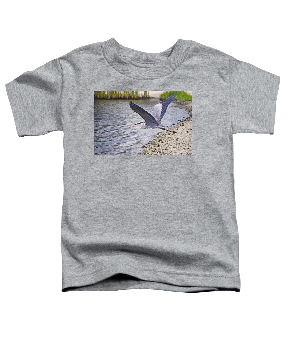 Heron Toddler T-Shirt featuring the photograph Flight of the Heron by DigiArt Diaries by Vicky B Fuller