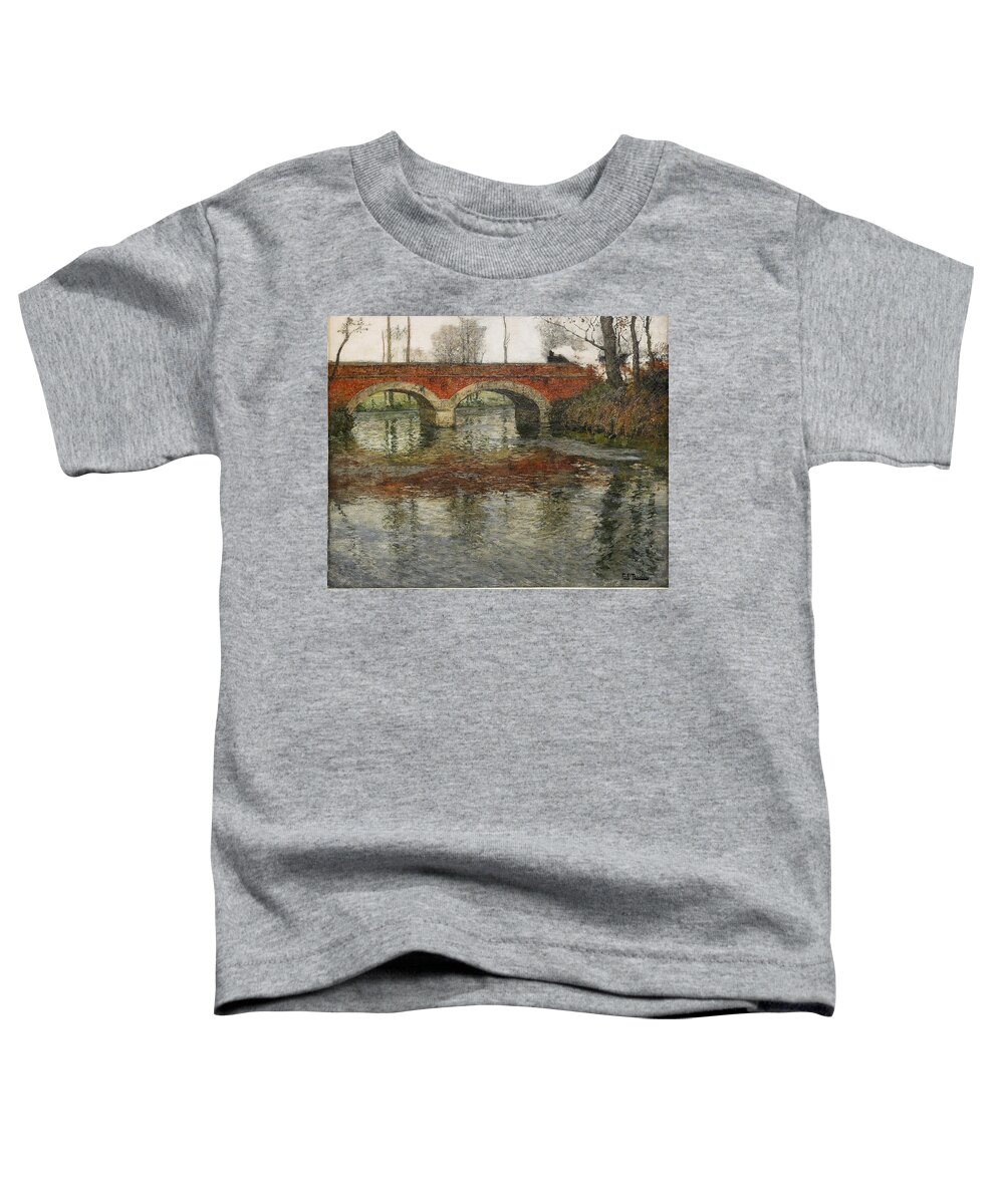 Frits Thaulow Toddler T-Shirt featuring the painting French river landscape with a stone bridge by Frits Thaulow