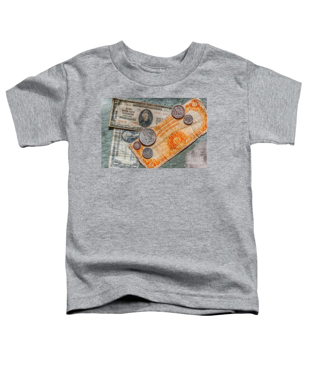 Gold Certificate And Silver Coins Toddler T-Shirt featuring the photograph Gold Certificate and Silver Coins Ver 3 by Randy Steele