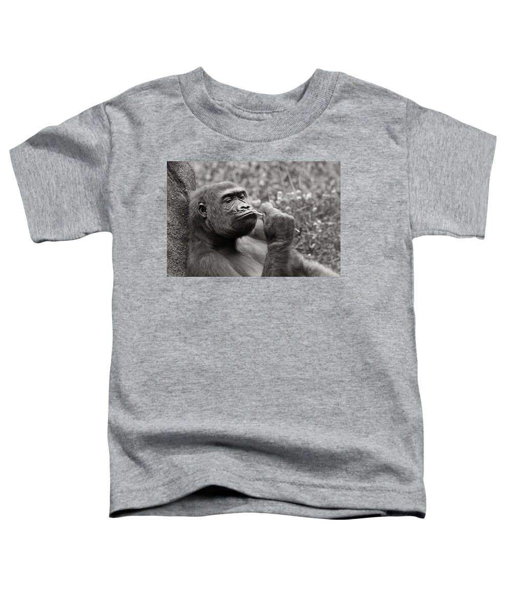 Gorilla Toddler T-Shirt featuring the photograph Gorilla Deep in Thought - Black and White by Angela Rath