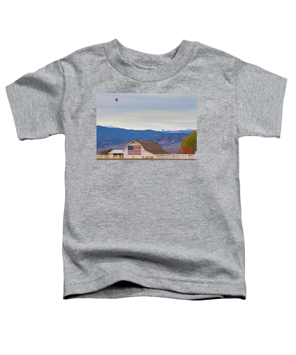 'hot Air Balloon' Toddler T-Shirt featuring the photograph Hot Air Balloon Boulder Flag Barn and Eldora by James BO Insogna