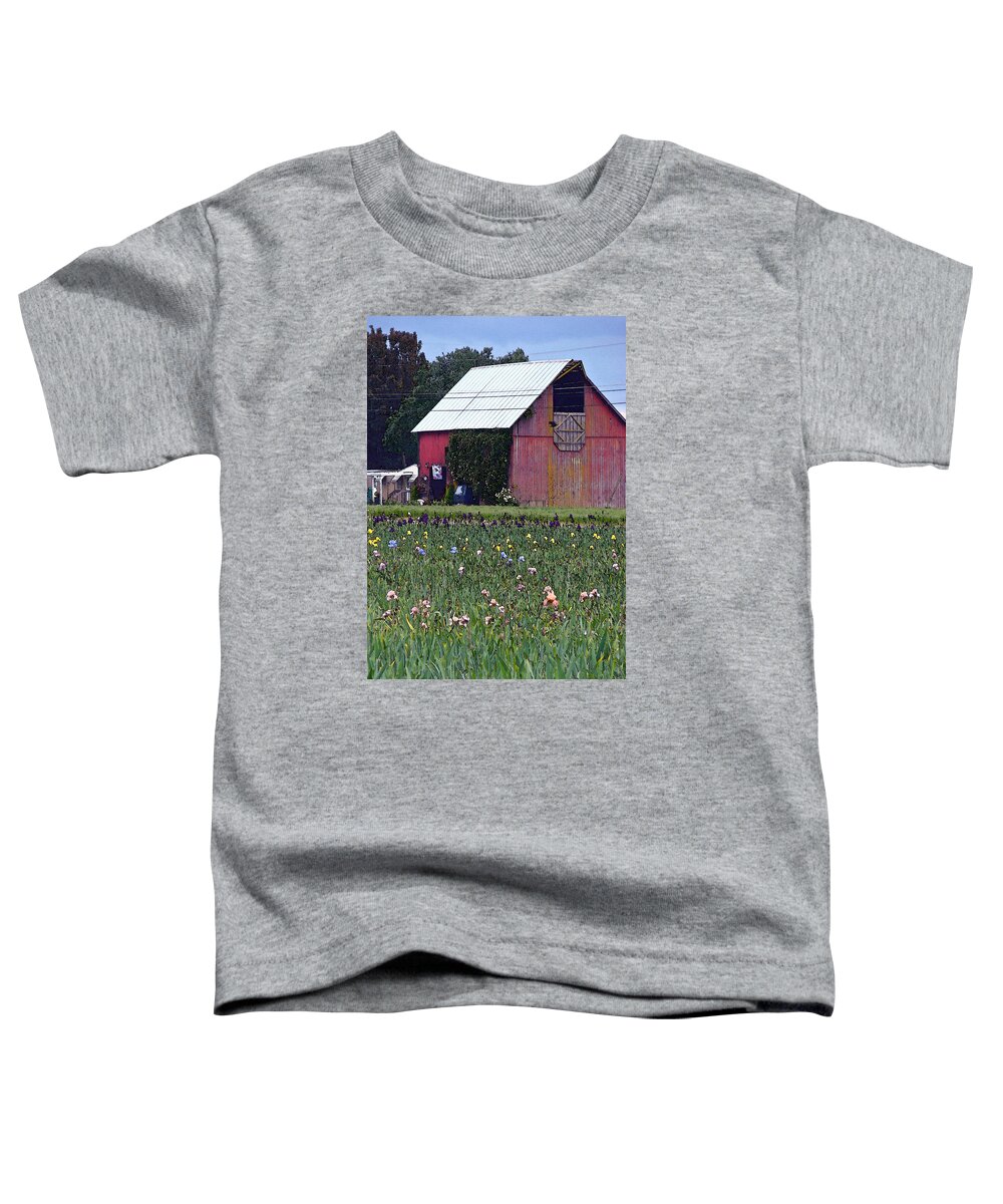 Irises Toddler T-Shirt featuring the digital art Iris Field and Barn by Gary Olsen-Hasek