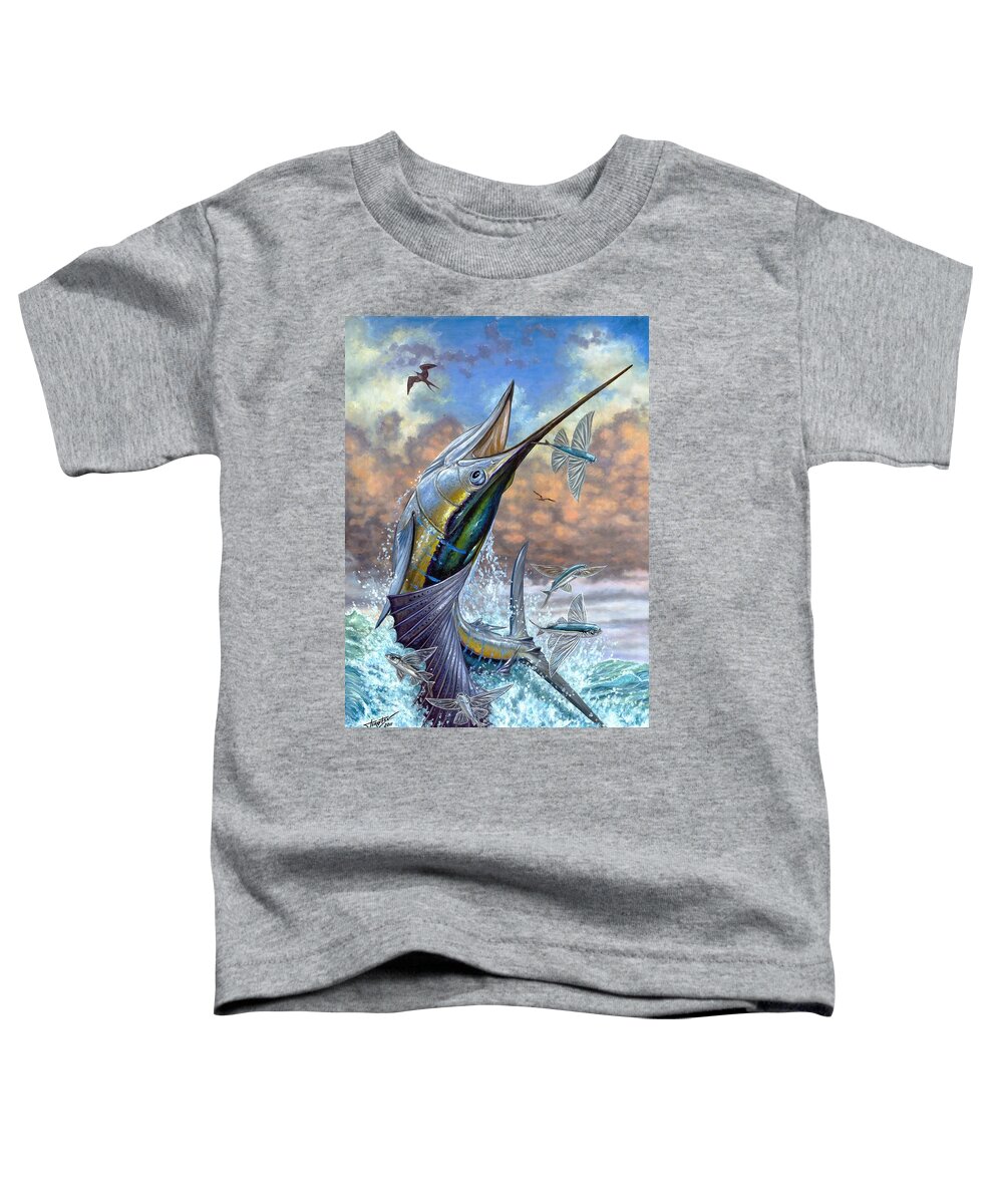 Flying Fishes Toddler T-Shirt featuring the painting Jumping Sailfish And Flying Fishes by Terry Fox