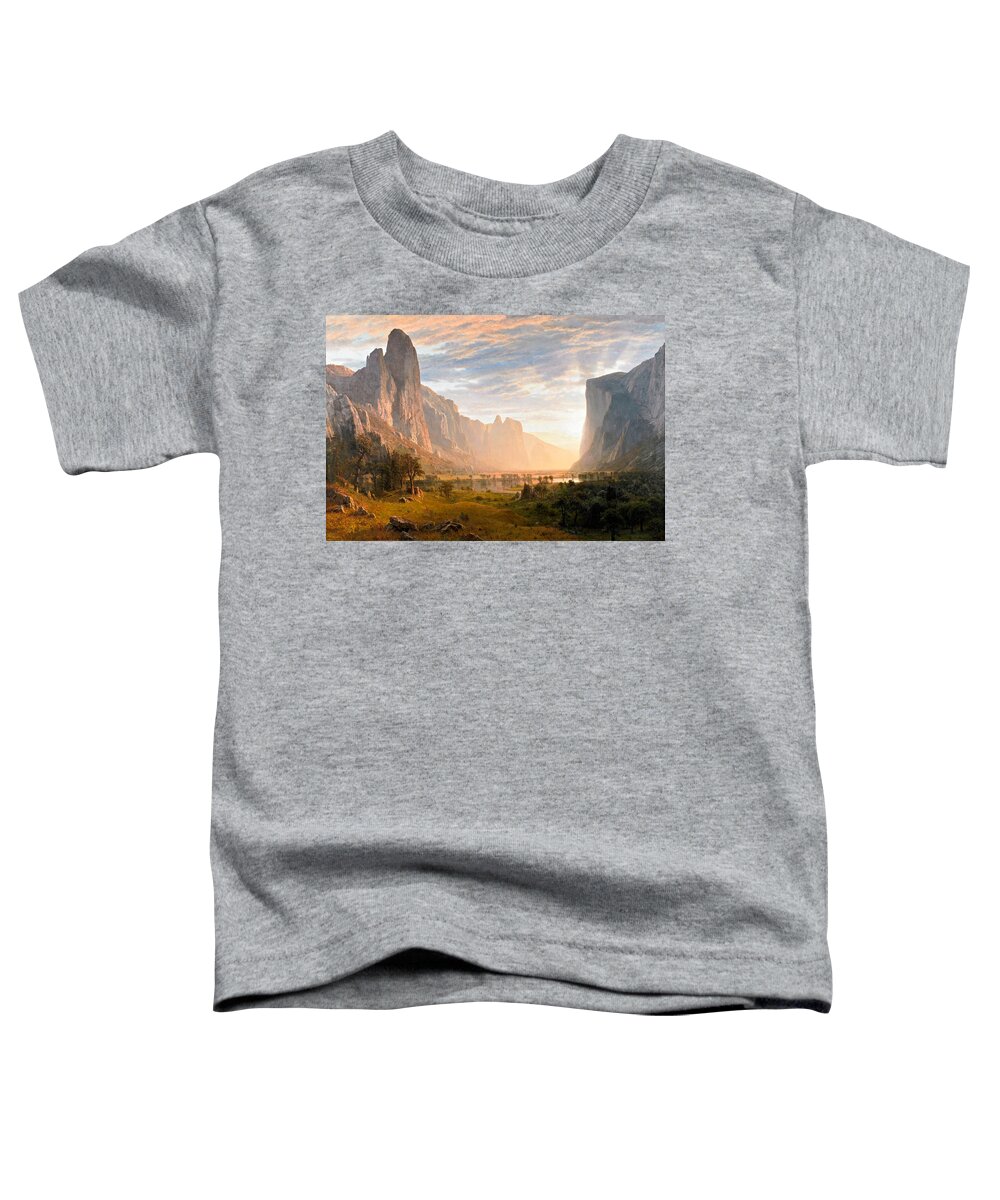 Albert Bierstadt Toddler T-Shirt featuring the painting Looking down Yosemite Valley by Albert Bierstadt