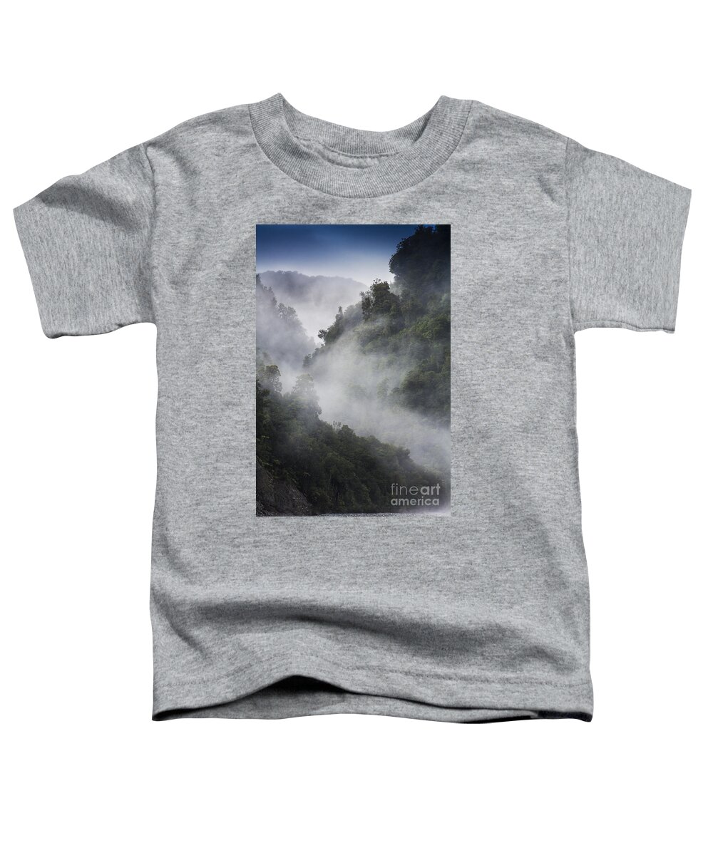 Misty Toddler T-Shirt featuring the photograph Mist in trees at Franz Josef glacier by Sheila Smart Fine Art Photography