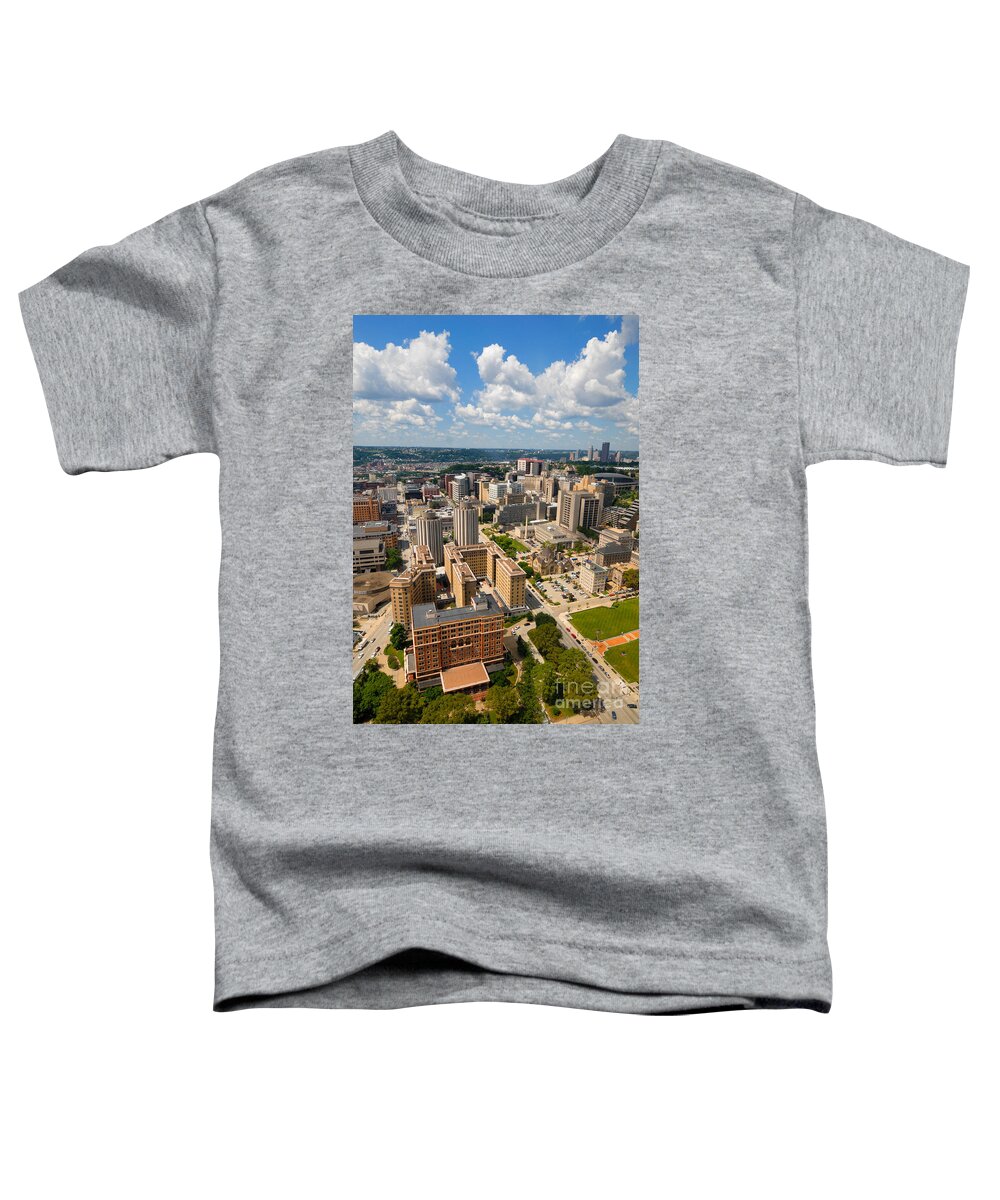Aerial View Toddler T-Shirt featuring the photograph Oakland Pitt Campus with city of PIttsburgh in the Distance by Amy Cicconi
