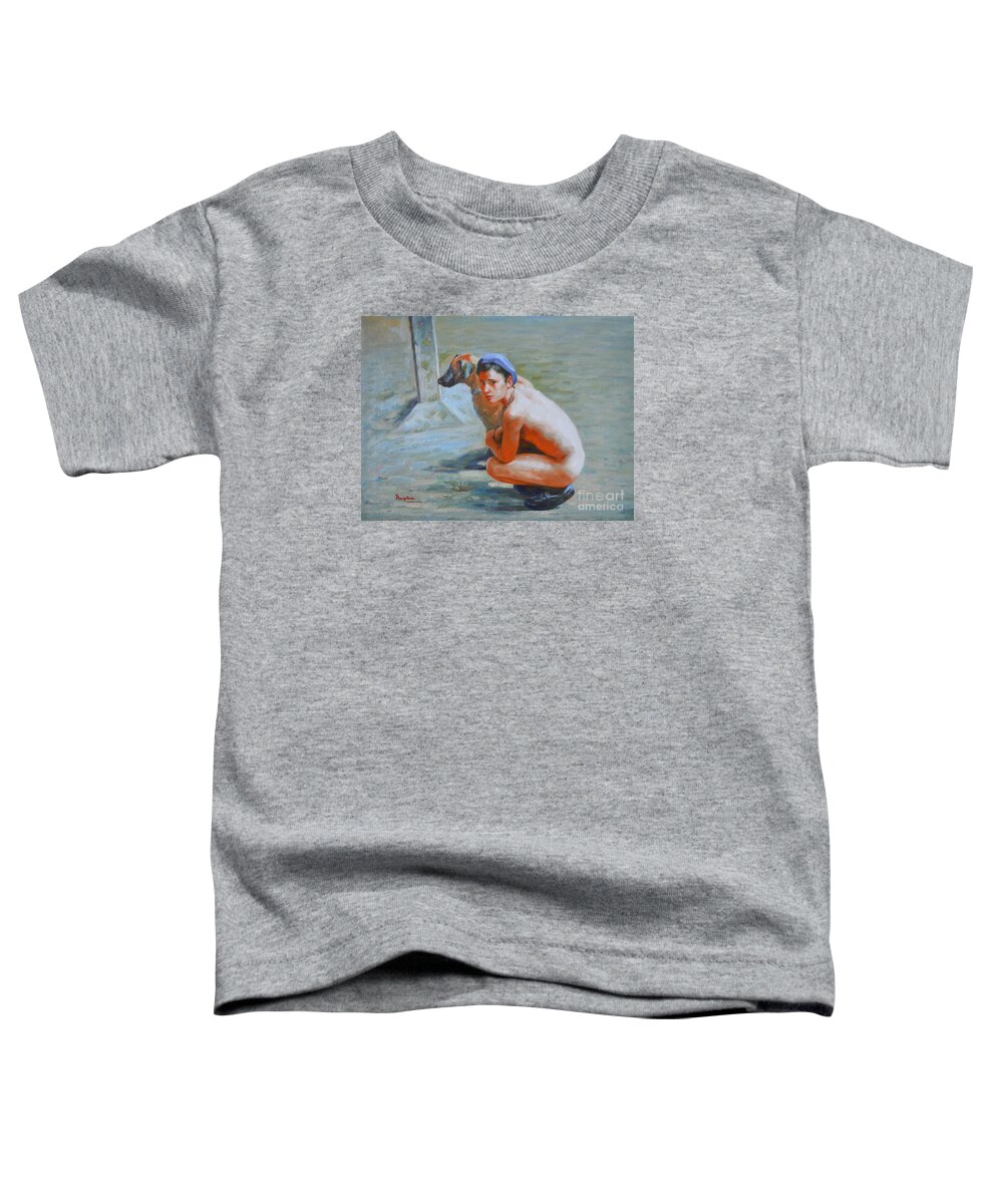 Original. Oil Painting Toddler T-Shirt featuring the painting Original Impression Oil Painting Gay Man Body Art- Male Nude And Dog-020 by Hongtao Huang