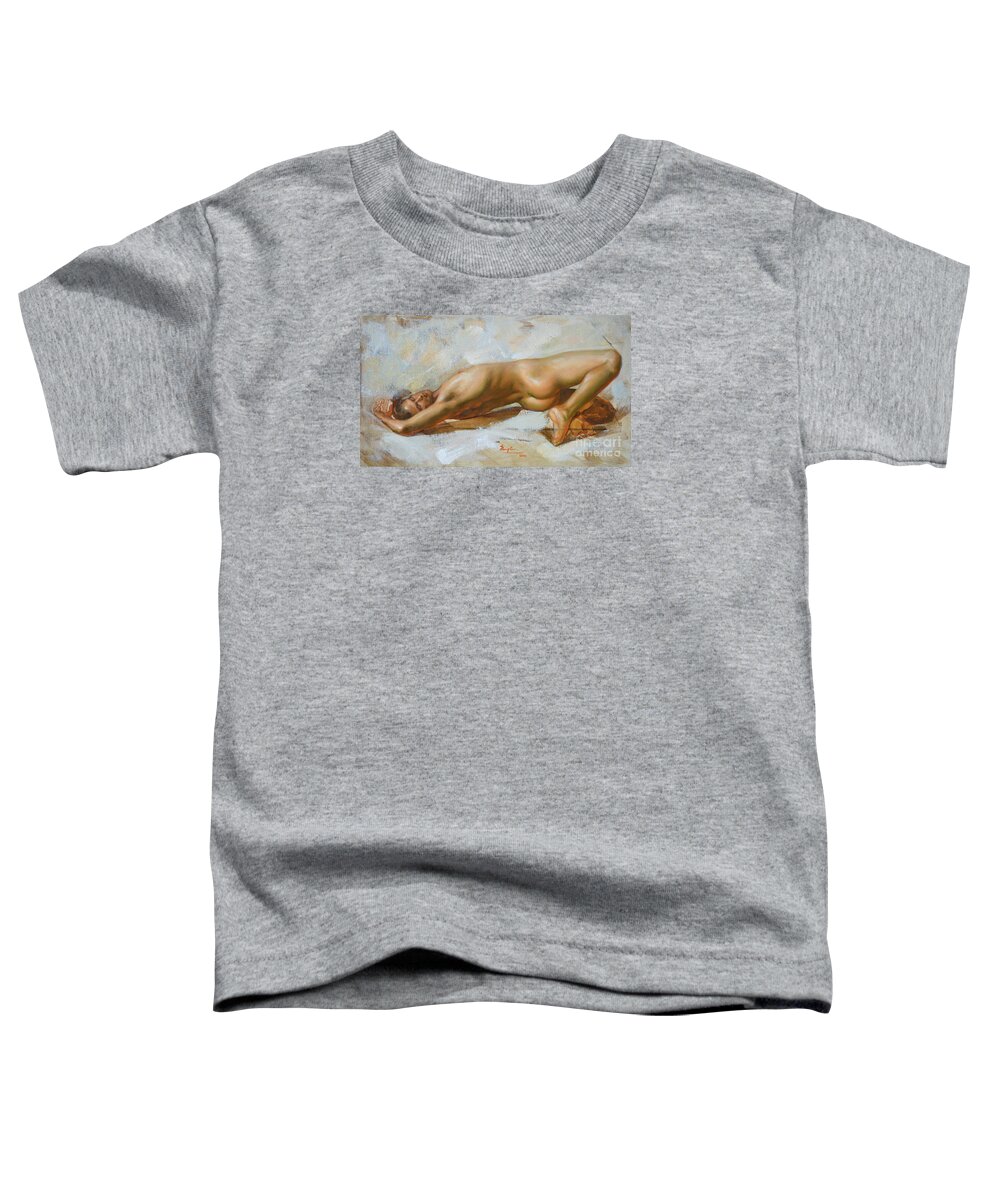 Male Nude Toddler T-Shirt featuring the painting Original Oil Painting Gay Man Body Art-male Nude Lying On The Floor-016 by Hongtao Huang