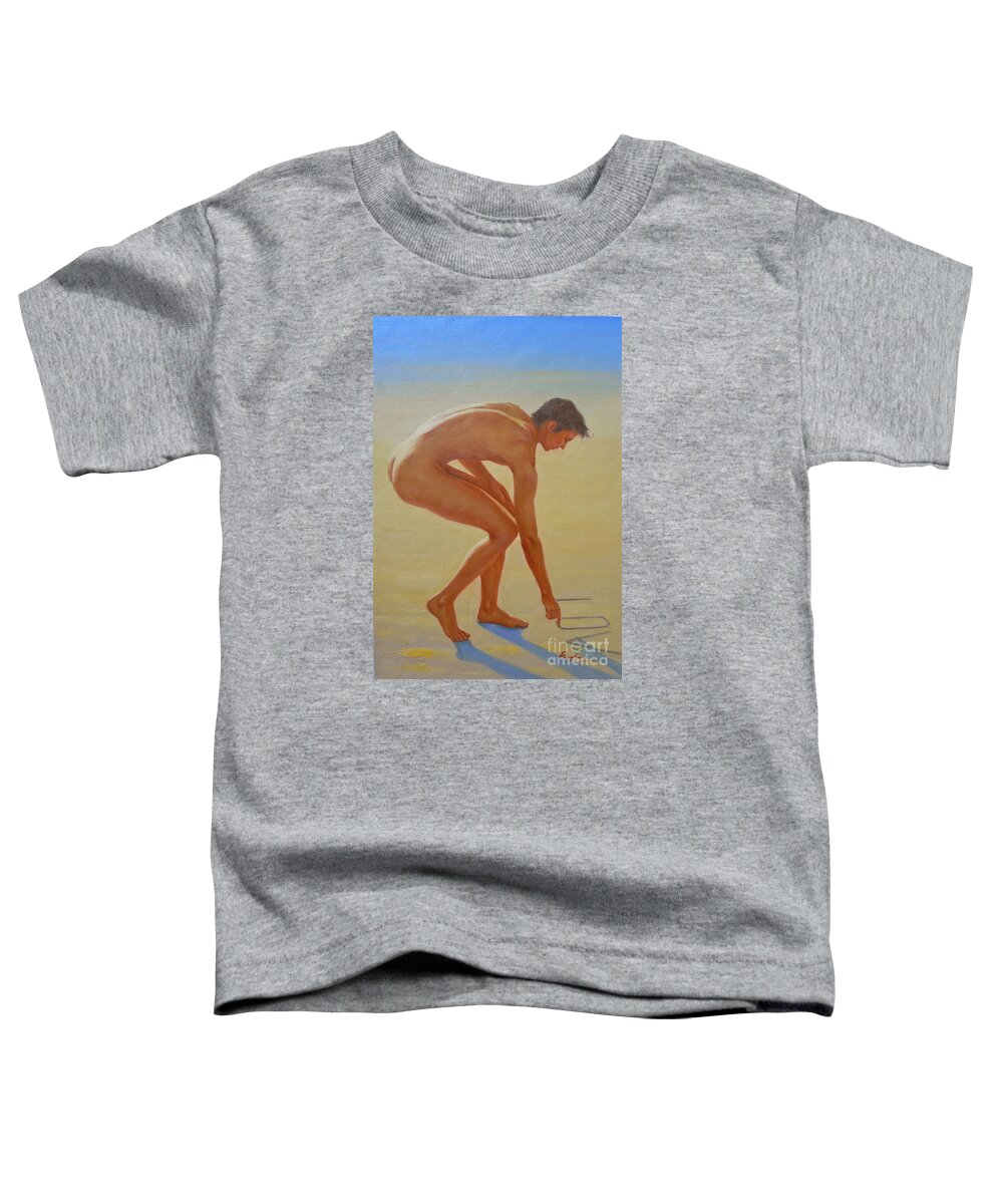 Original Toddler T-Shirt featuring the painting Original Young Man Body Oil Painting Gay Art - Male Nude By The Sea-055 by Hongtao Huang