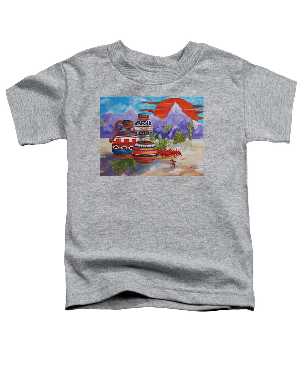Desert Toddler T-Shirt featuring the painting Painted Pots and Chili Peppers by Ellen Levinson