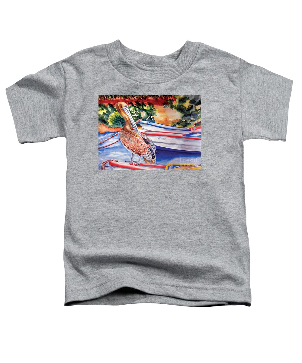 Pelican Toddler T-Shirt featuring the painting Pelican on a Ponga by Kandyce Waltensperger